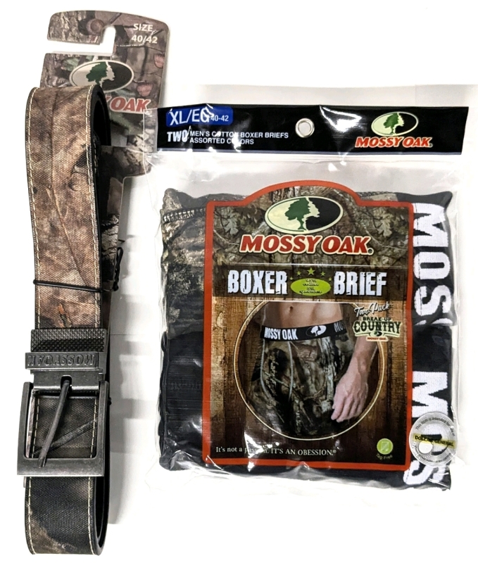 New Size XL (40-42) Men's MOSSY OAK 2-Pack Cotton Boxer Briefs & Size 40/42 Brown Belt