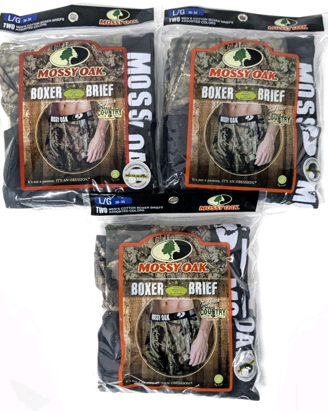 3 New Packs Size LARGE (36-38) Men's MOSSY OAK 2-Pack Cotton Boxer Briefs