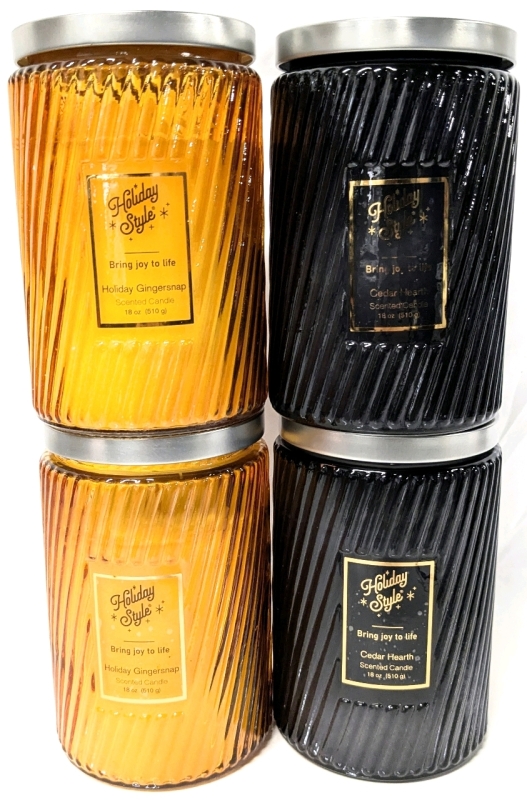 4 New Holiday Style 510g Scented Glass Candles : 2 Each Holiday Gingersnap &:Cedar Hearth