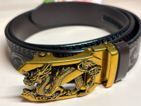 Genuine Leather Dragon Head Automatic Buckle Brown Embossed Belt 47.24 inch Adjustable