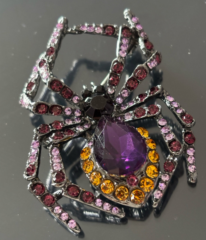 Luxurious Rhinestone Spider Brooch Exaggerated Black Spider with Purple & Orange Approximately 2 x 1.4 Inch