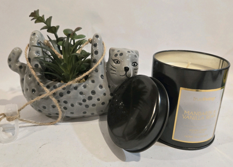 2 New | Home Decor | Mandarin & Vanilla Bean Beautifully Scented Candle & Cute Hanging Cat Planter w/ Faux Plant