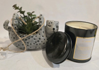 2 New | Home Decor | Mandarin & Vanilla Bean Beautifully Scented Candle & Cute Hanging Cat Planter w/ Faux Plant