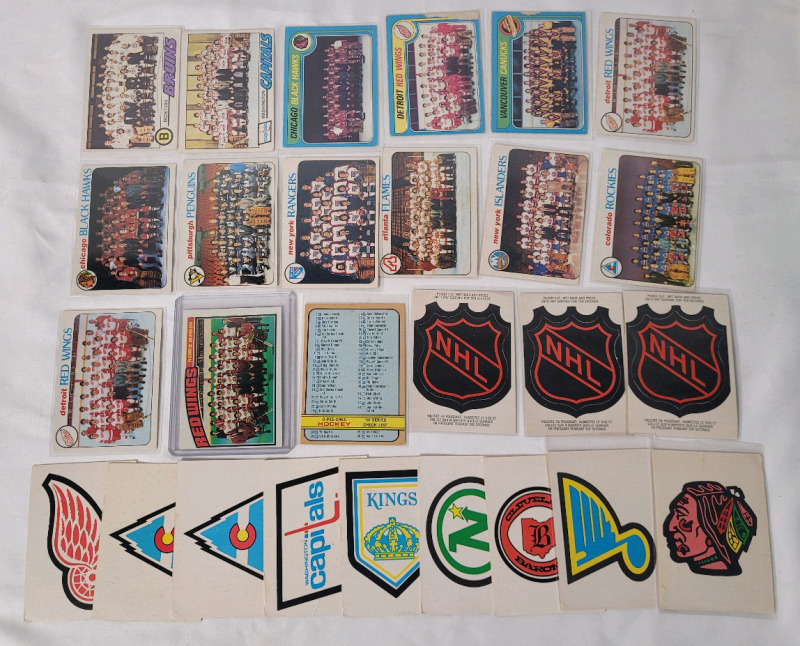 1977 - 1979 O Pee Chee & Topps NHL Hockey Trading Card Singles . Team Cards , Team Logos & NHL Logo . 27 Trading Cards