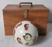 Vintage 1988 Hungary National Soccer Team Ceramic Soccer Ball Clock w/Wooden Box . Crazing Present , measures 4 3/4" diameter
