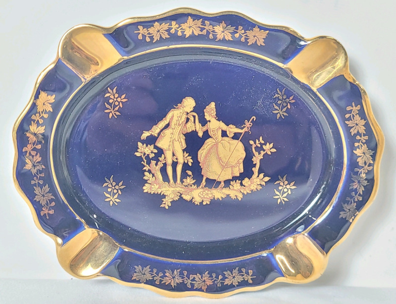 Vintage Limoges Cobalt Blue Gold Porcelain Ashtray w/22k Gold Accents .