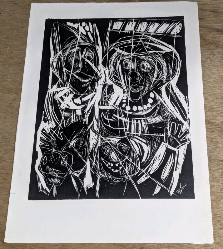 Fantastic Signed B.K. Creepy Presumed Children's Show Characters Linocut Print - 13" x 19"