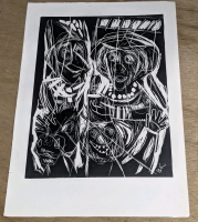 Fantastic Signed B.K. Creepy Presumed Children's Show Characters Linocut Print - 13" x 19"