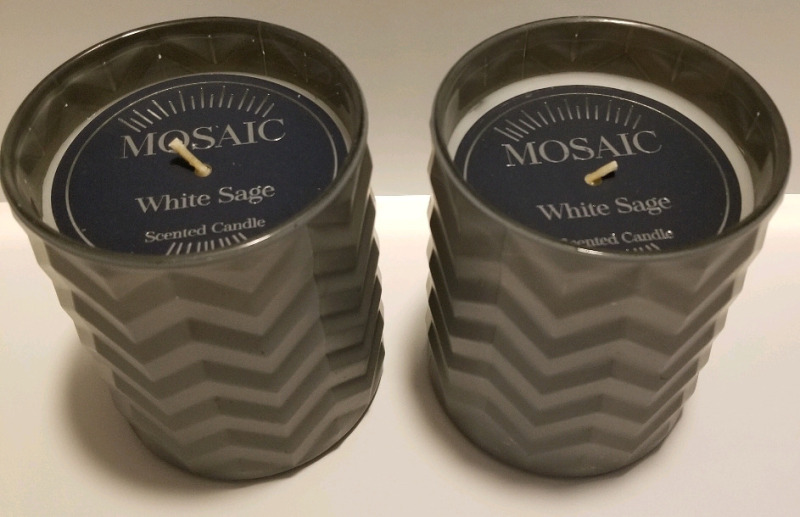 2 new MOSAIC BATH & SPA 16.9 oz hand poured scented candles "Whie Sage" measure 5" tall