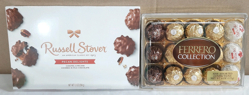 New Russel Stover Pecan Delights Milk Chocolates (204g, Best Before April 1st 2025) & Fererro Collection Chocolates (172g, Best Before May 13th 2025)
