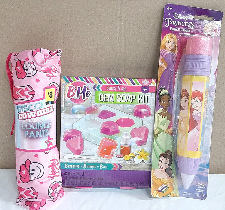 Lot of Feminine Toys and Apparel, Including A Pair of S/M Size Disco Cowgirl Ladies' Lounge Pants, B-Me Gem Soap Kit & Disney Princess Pencil Chalk