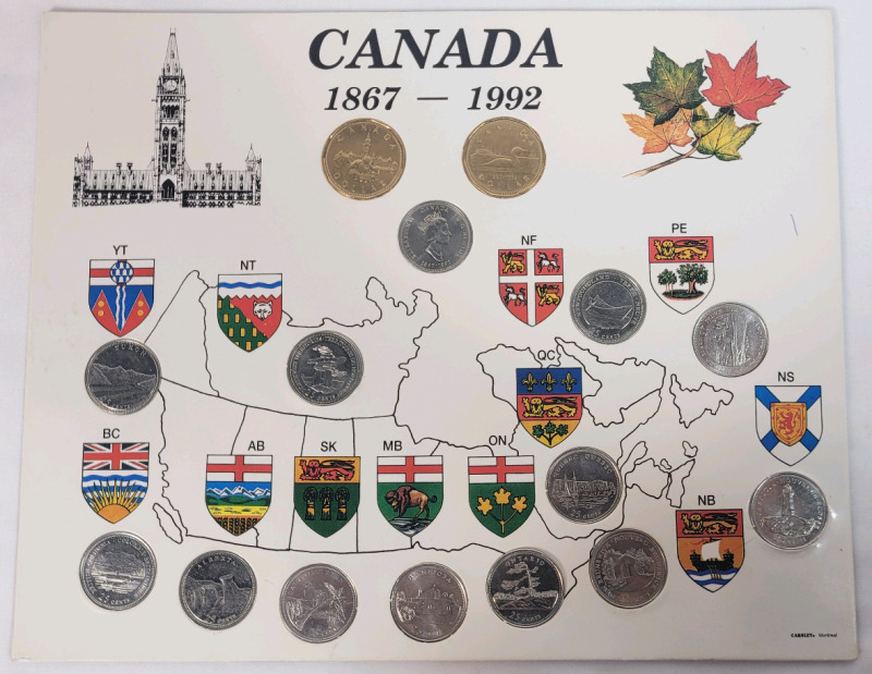 1992 (1867-) Canadian Provincial Quarter & Loonie Coin Set . 15 Coins .