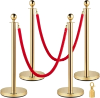 New - 4-Pack Gold Stainless Steel Stanchion Posts , 2 Red Velvet Ropes, 38" Rope Barriers . Retail $130
