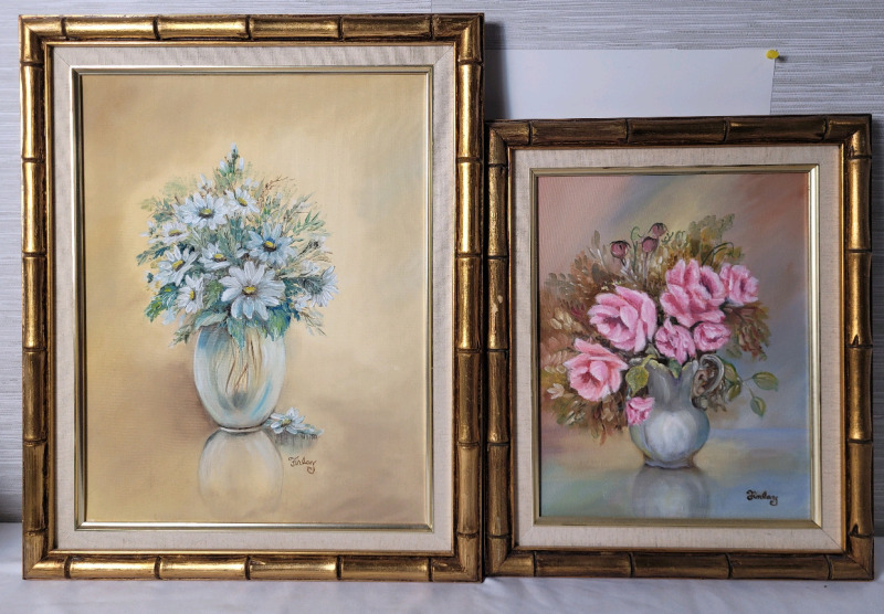 Artist Elizabeth Finlay Framed Oil on Canvas " Daisies in Glass " 18"&times;22" & " Roses for Carol " 15"&times;18" . Both in Matching Frames