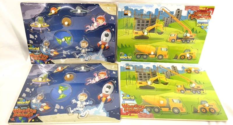 4 New World to Discover Chunky Wooden Kids Puzzles : 2&times; Space, 2&times; Construction | 11.75" &times; 8.75"
