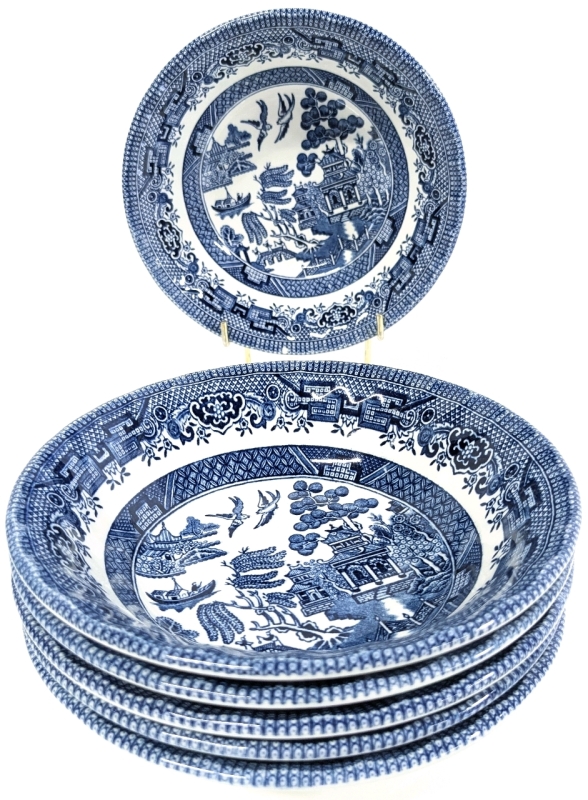 6 Crown Clarence England Willow Pattern Small Bowls - 6.25" Diameter &times; 1.5" Tall ea