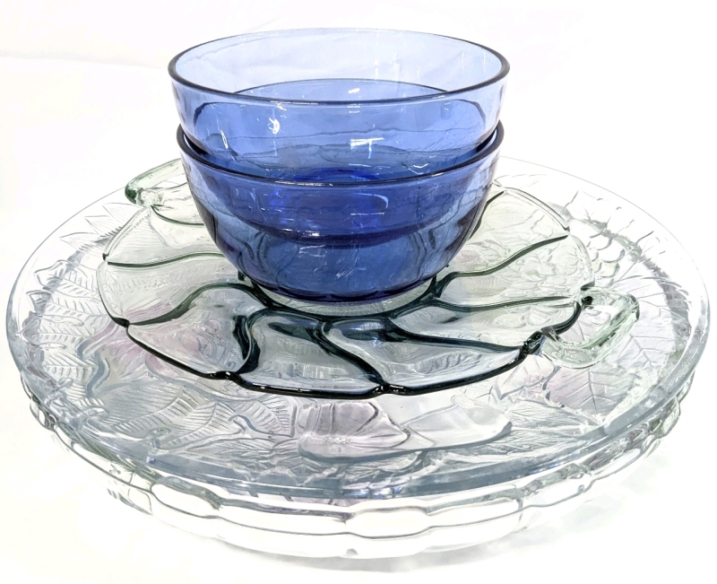 5 Great Glass Pieces: 2&times; Light Blue Glass Cereal Bowls, Green Depression Glass Serving Dish w Handles, Large Basket-Style Clear & Coloured Serving Dish + | Up to 13" Diameter