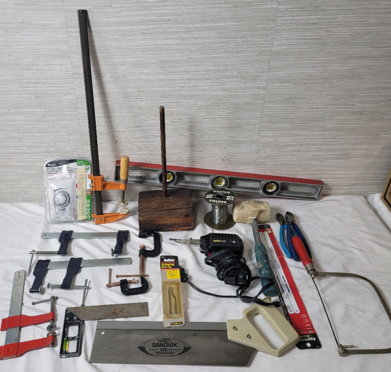 Large Tool Lot . Wood Clamps , Mallet , Level , Saws , Soldering Gun & Wire , Wall Switch Timer .