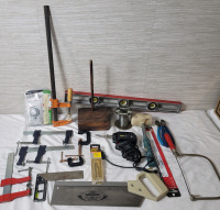 Large Tool Lot . Wood Clamps , Mallet , Level , Saws , Soldering Gun & Wire , Wall Switch Timer .