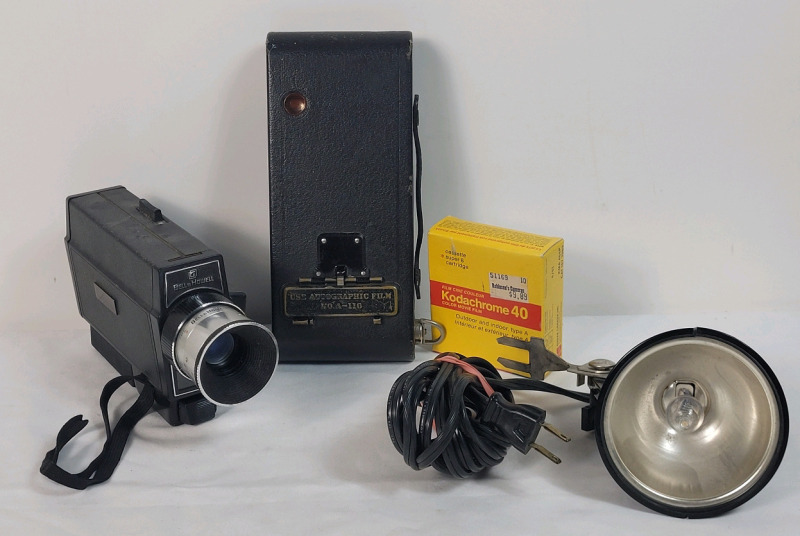 Vintage Camera Lot . Bell & Howell Autoload 8mm Camera , Eastman Kodak No. 2 Camera , Working Camera Light & Kodachrome 40 Super 8 Cartridge .
