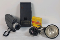 Vintage Camera Lot . Bell & Howell Autoload 8mm Camera , Eastman Kodak No. 2 Camera , Working Camera Light & Kodachrome 40 Super 8 Cartridge .