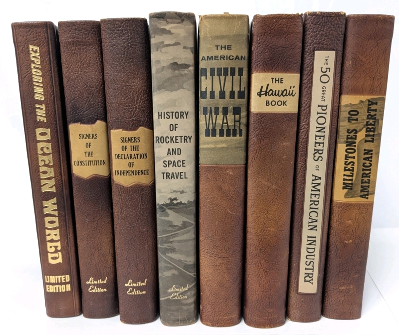 8 Vintage Hardcover History Books Bound in Mission Leather - Assorted Authors - Presumed Given to Original Owner by Inventor Jesse H Besser (See Desc)