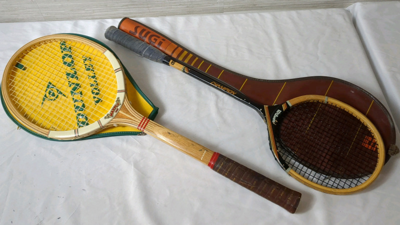 Vintage Wooden Dunlop Tennis Raquet & Wooden Wilson Squash Raquets with Cases