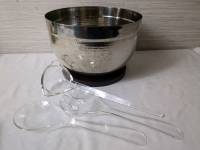 Metal Punch/Salad Bowl with Plastic Utensils & Wood Base, 7 Inches Tall, 11 Inch Diameter.