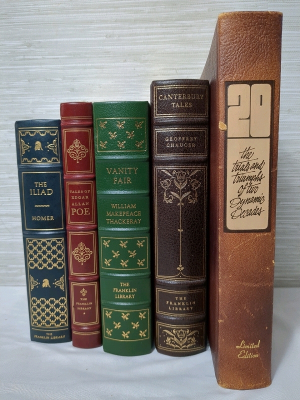 5 Vintage 1970s Limited Edition Hardcover Books : The Illiad - Homer, Tales of Edgar Allan Poe, Vanity Fair - William Makepeace Thackeray, Canterbury Tales - Geoffrey Chaucer, The Trials and Triumphs of Two Dynamic Decades - David C. Whitney