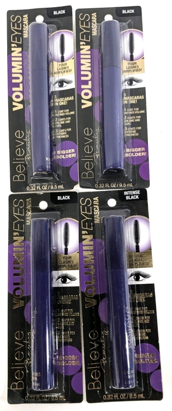 4 New BELIEVE BEAUTY Volumin' Eyes Mascara - 3&times; Black + 1&times; Intense Black | 9.5ml ea | Made in Italy