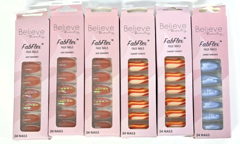 6 New Sets BELIEVE BEAUTY FabFlex Faux Nails - 24 Nails per Set : 3&times; Just Desserts Medium, 2&times; Sunset Tango Long. 1&times; Sweet Dreams Long
