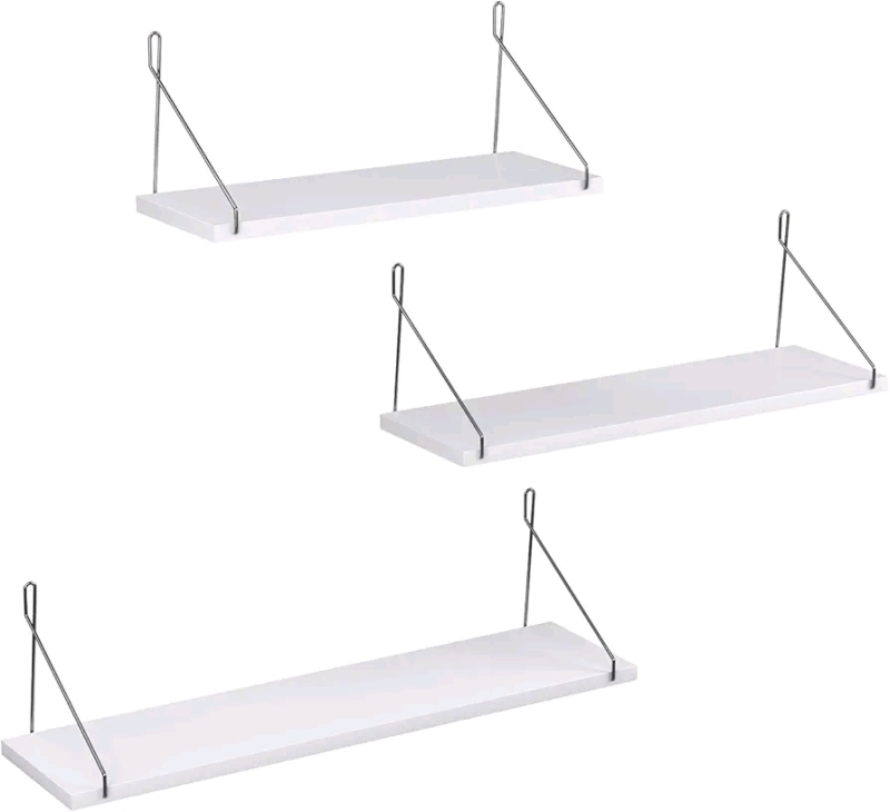 New - SONGMICS wall shelf, set of 3, floating shelf , loadable up to 15 kg per shelf, various lengths 40, 50, 60 cm, White . Model # LWS68WT