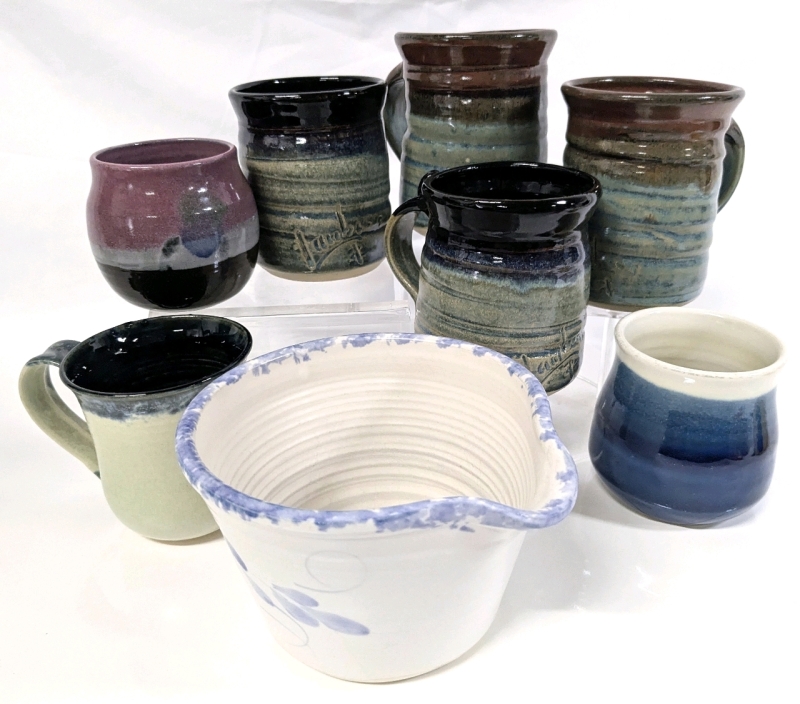 7 Signed Handmade Stoneware Mugs + 1 Signed Batter Bowl - Up to 4.5" Tall