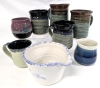 7 Signed Handmade Stoneware Mugs + 1 Signed Batter Bowl - Up to 4.5" Tall