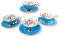 4 QUEEN ANNE Wide Mouth Robin's Egg Blue Tea Cups & Saucers