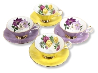 4 QUEEN ANNE Wide Mouth Yellow Rose / Lilac Clematis Tea Cups & Saucers