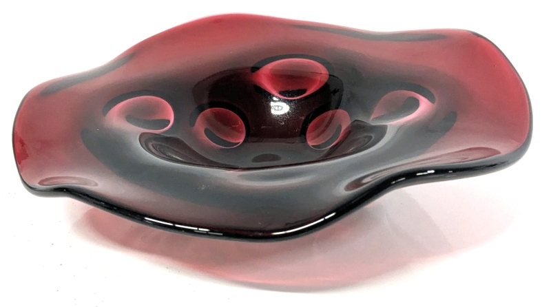Neat Asymmetrical Cranberry Art Glass Candy / Fruit Dish - 9.6" &times; 10" &times; 2.25" Tall