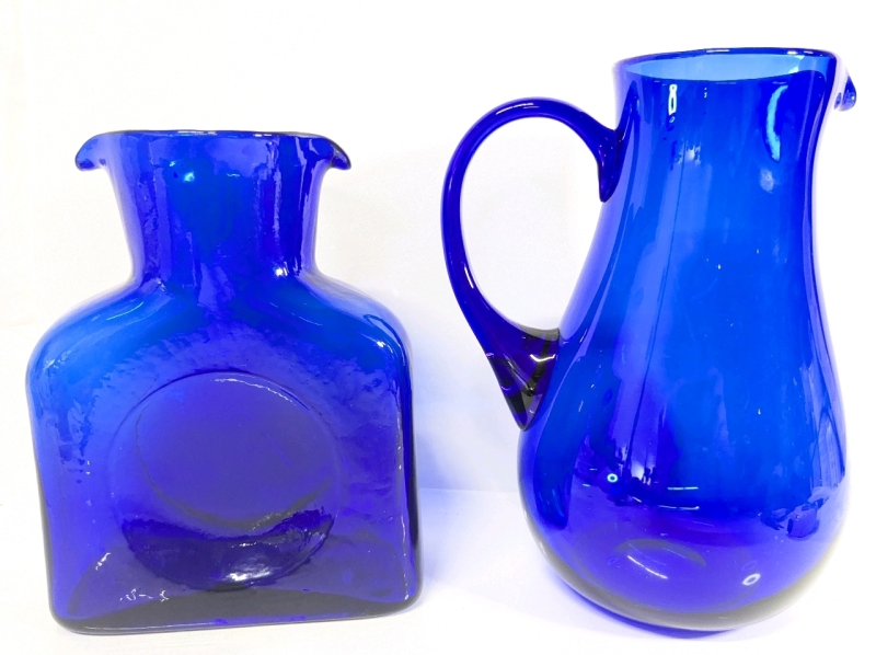 2 Gorgeous Pieces Cobalt Blue Glassware : Pitcher & Double-Spout Water Bottle - 8.25" - 9.6" Tall