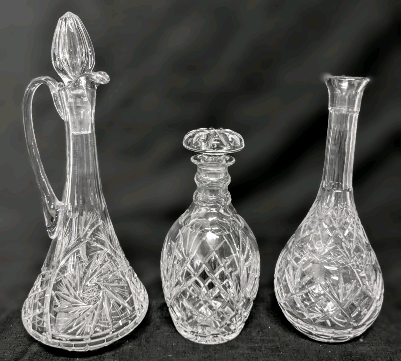 3 Vintage Cut Crystal Decanters incl 1 Pinwheel Crystal - 1 Lacks Stopper / 9.5" - 14.75" Tall
