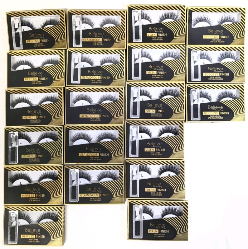 20 New Pairs BELIEVE BEAUTY False Lashes with Included Lash Glue | Finusges: 6&times; Heiress, 5&times; Glamorous, 6&times; Vixen, 3&times; Goddess