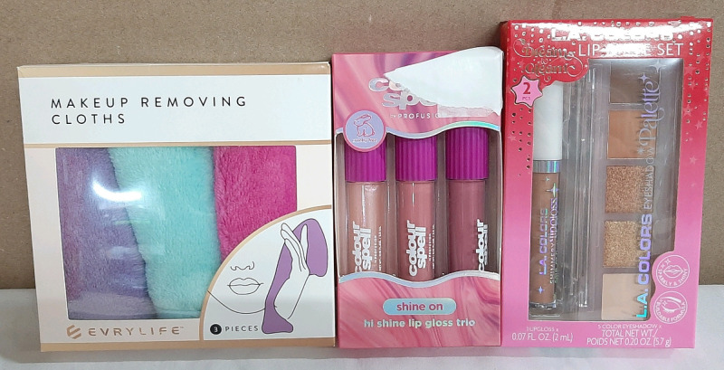Lot of Makeup Products, Including A 3 Pack of Evrylife Makeup Removing Cloths, A 3 Pack of Colour Spell Shine On Hi Shine Lip Gloss & L.A Colors Eyeshadow Palette Set (Includes 1 Stick of Lipgloss and Five Eyeshadows)
