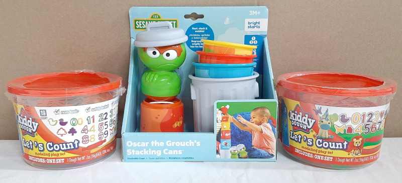 Lot of Children's Playsets, Including 2 Kiddy Dough "Let's Count" Modeling Play Sets (56g of Dough Each) & Sesame Street Oscar the Grouch's Stacking Cans