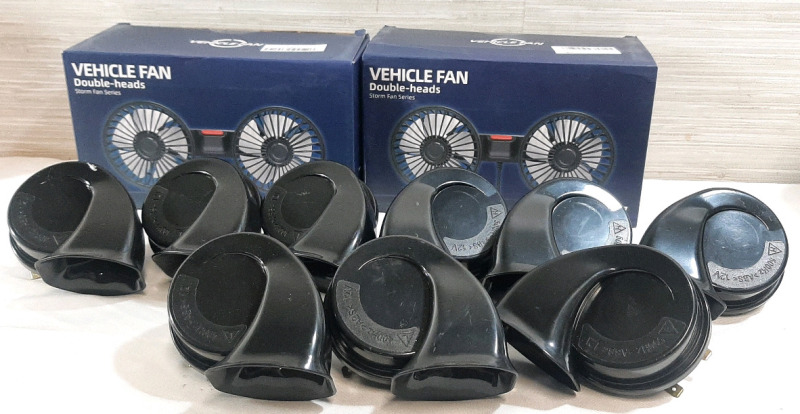 Lot of Car Accessories, Including 9 "Super Loud" Car Horns, 12v, 50hz & 2 USB Powered Double-head Vehicle Fans