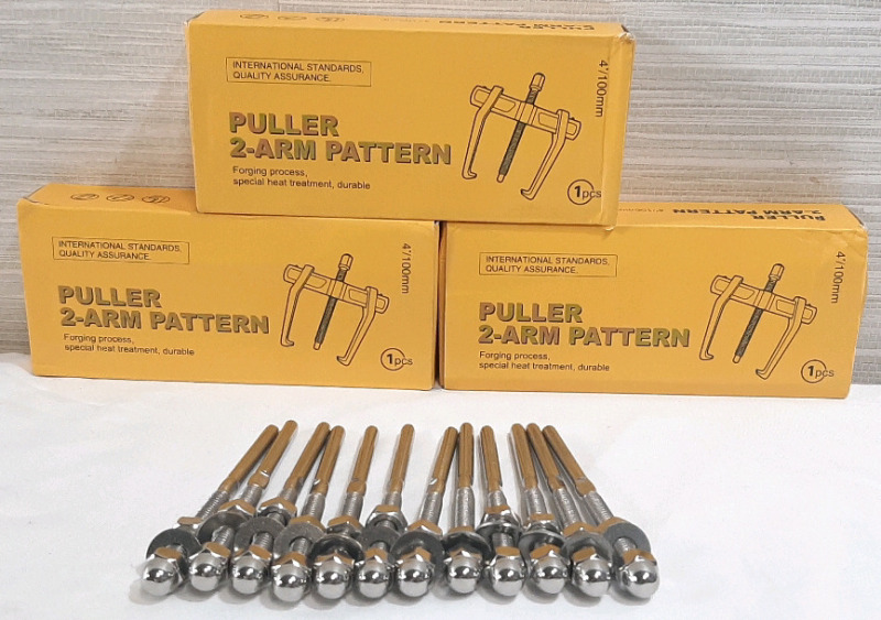 3 New in Box 2-Arm Pattern Pullers & 12 Stainless Steel Threaded Tensioner Stud Ends