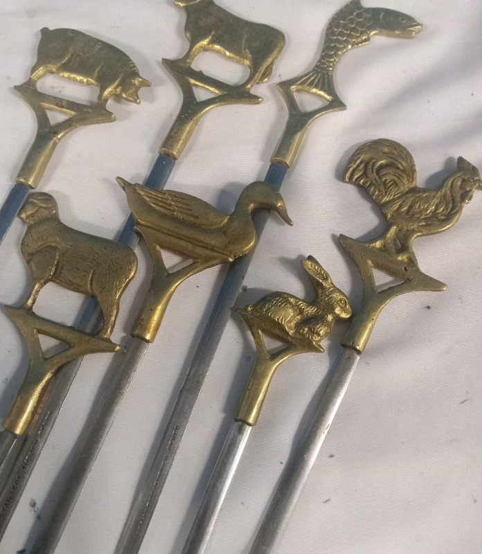 7 Vintage | Stainless Steel & brass Farm Animal Skewers from Turkey Measures From 12" to 15" | All Stamped w/ "Stainless Turkey-Sener"