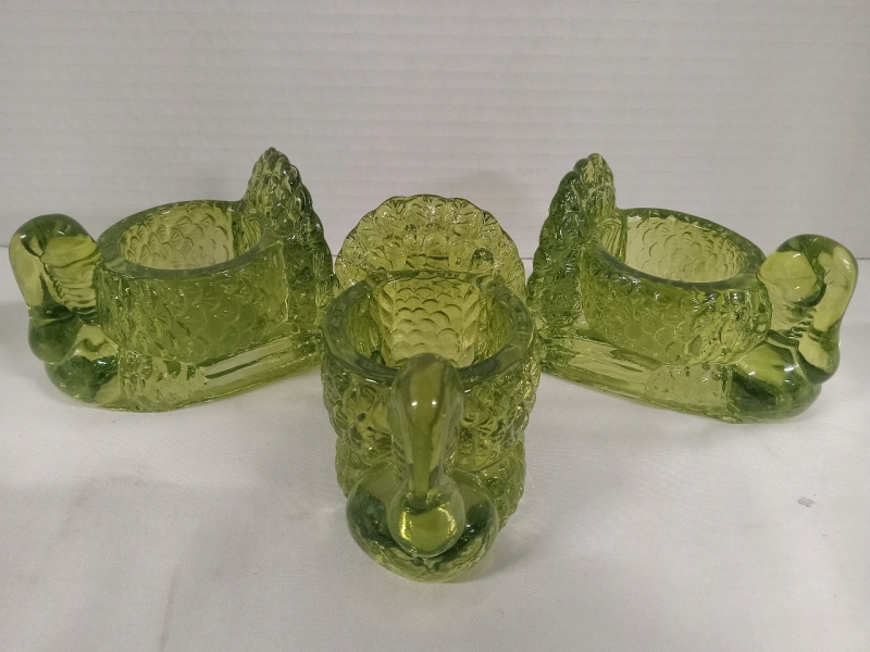 3 Vintage 3&frac12;" x 2" Green Glass Turkey Candle Holders