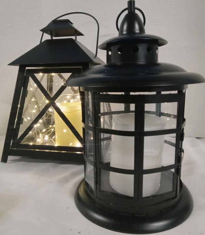 2 Indoor/Outdoor Lanterns w/ Faux Candles and Remote Control Fairy Lights | Largest Measures 13" x 9" x 9"