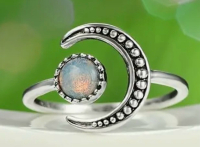 925 Ring Set With Moonstone Open Design Textured Quarter Moon Adjustable