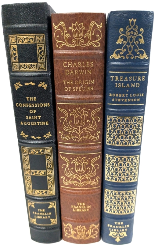 3 Vintage 1970s Limited Edition Hardcover Books : The Confessions of Saint Augustine, Charles Darwin: The Origins of Species, Treasure Island