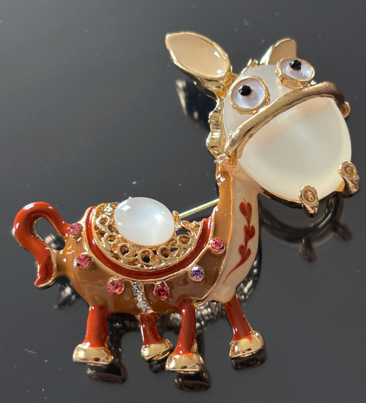 Whimsical Donkey Brooch with Gemstone Eyes & Rhinestone Accents Approximately 2 x 2 Inch